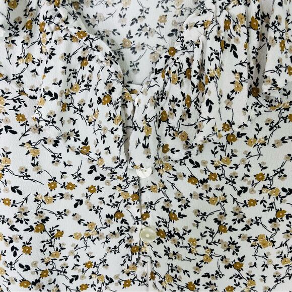 Loft white tan floral cottagecore ruffle button blouse top medium - Picture 4 of 8